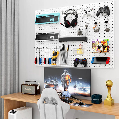 Peg Board Kit With Hooks And Bins For Wall Organizer Ideal For Office And Craft Rooms Display Ornaments And Keepsakes Includes Pegboard And Accessories For Easy DIY Storage And Awesome Organization installed on wall above desk with items organized.