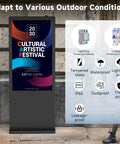 High Octane Outdoor Floor Standing Digital Signage Display Features A Rust Proof Galvanized Steel Chassis With Shatter Resistant Glass plus a colorful festival advertisement.