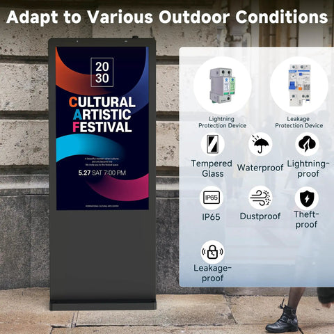 High Octane Outdoor Floor Standing Digital Signage Display Features A Rust Proof Galvanized Steel Chassis With Shatter Resistant Glass plus a colorful festival advertisement.