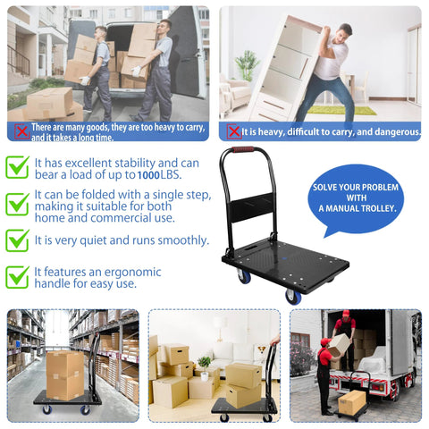 Foldable Push Cart Dolly With 360 Degree Swivel Silent Wheel Durable Reinforced Steel Construction for Luggage and Groceries
