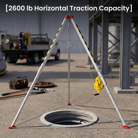 Built Like A Tank Heavy Duty Aluminum Confined Space Tripod Kit For Manhole Rescue With Manual Winch And Self Retracting Lifeline, shown in use at a manhole.