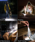 Collage showing EDC Rechargeable Keychain Flashlight 360 Lumen Mini Pocket Light used for dog walking, reading, circuits, and finding items.