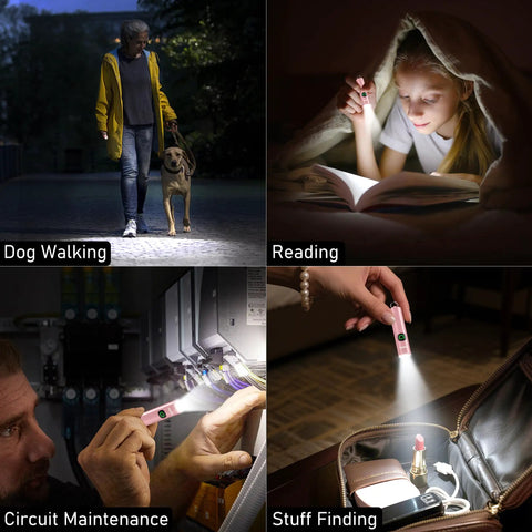 Collage showing EDC Rechargeable Keychain Flashlight 360 Lumen Mini Pocket Light used for dog walking, reading, circuits, and finding items.