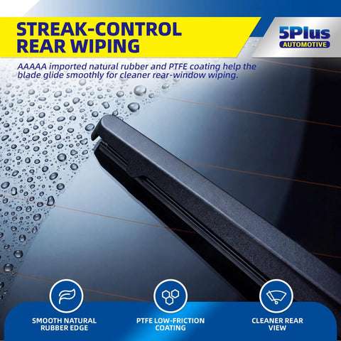 Close-up of Top Tier Rear Wiper Blade 14 Inch Straight Bolt On For Honda Crv And Acura Mdx Utilizing Heavy Duty PTFE Coated Rubber.