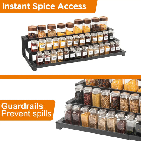 Score Top Shelf Storage With This Slick Adjustable 3 Tier Metal Spice Rack Organizer For Cabinets Counters Slip Resistant Expandable Shelf Fits Jars And Bottles In Black displaying spices in various jars.