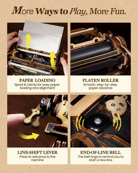 Typewriter 3D Wooden Puzzle Kit For Adults Mechanical Model Build No Batteries Gears Spin Typebars Swinging Knobs See Inside Vintage Black Style Desk Display Gift That Slaps paper-loading and line-shift features