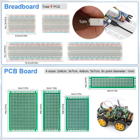 Mega 1628 Piece DIY Electronics Kit With LEDs Diodes Resistors Capacitors Transistors Dupont Wire PCBs And Breadboards For Hands On Prototyping And Learning, breadboards and PCB boards