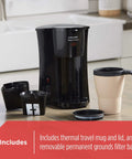 Compact Brew And Go Personal Coffee Maker with Travel Mug, Permanent Metal Filter, black and white, on kitchen counter.
