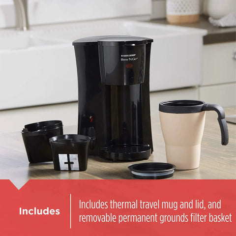 Compact Brew And Go Personal Coffee Maker with Travel Mug, Permanent Metal Filter, black and white, on kitchen counter.