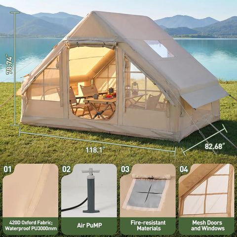 Inflatable Family Camping Tent With Instant Setup, Waterproof 3000mm Windproof Outdoor Shelter by lake