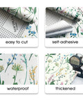 Peel And Stick Floral Wallpaper Vinyl Roll Easy Install 17.3 Inch Wide By 393.7 Inch Long Covers 47.4 Sq Ft showing features like easy cut, self-adhesive, waterproof, thickened.