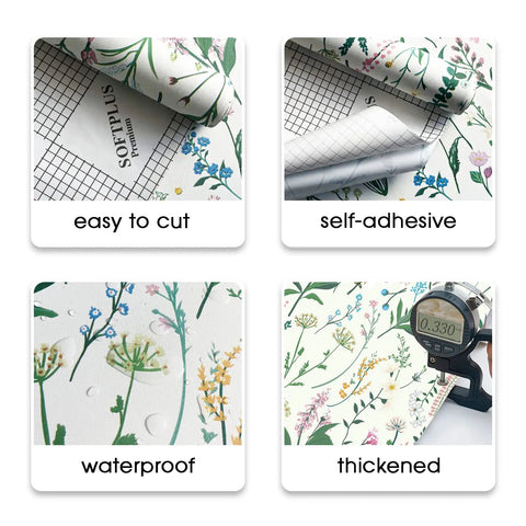 Peel And Stick Floral Wallpaper Vinyl Roll Easy Install 17.3 Inch Wide By 393.7 Inch Long Covers 47.4 Sq Ft showing features like easy cut, self-adhesive, waterproof, thickened.