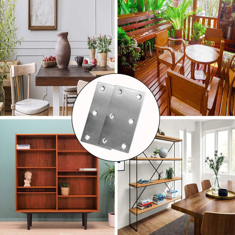 Heavy Hitter Stainless Steel Repair Brackets Rock Solid Mending Plates For Woodworking Fixes Six Hole Joining Hardware Built Tough To Get The Job Done Right Rust Proof Pack Of 20 displayed with furniture.