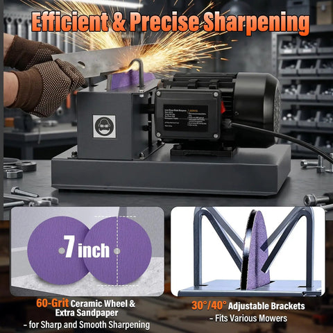 Rock Solid Lawn Mower Blade Sharpener Bench Grinder Featuring 500 Watt Motor And 7 Inch Wheel for precise sharpening with 60-grit ceramic wheel.