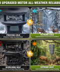 Comparative image showing performance of Five Gallon Hanging Deer Feeder With Programmable Digital Timer in extreme weather conditions.