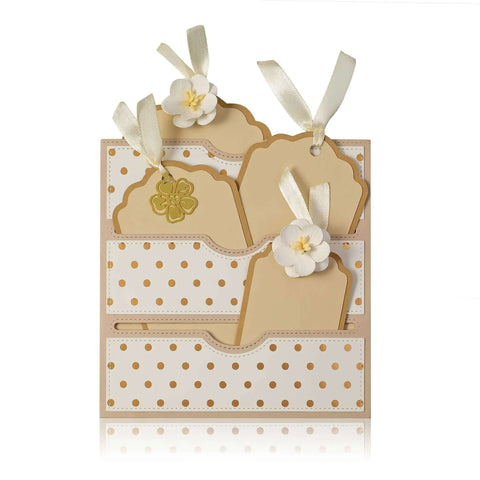 Stitched Slots Pocket Die Cut Set For Card Making And Scrapbooking, Large 4.88x5 Inch Pocket Die with tags in a floral design