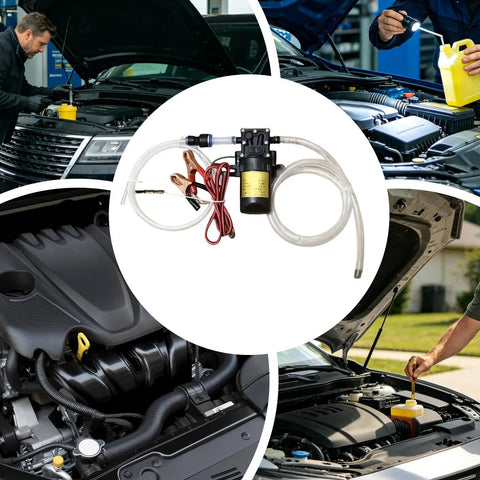 Heavy Duty Commercial 12V Electric Fluid Transfer Pump For Oil And Gasoline with hoses, connectors, and clips for fluid extraction.