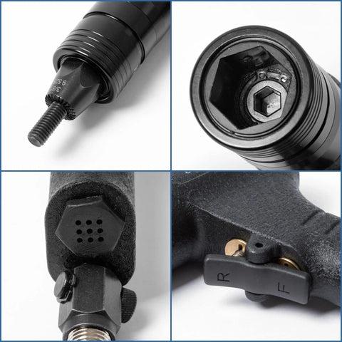Close-up of Rivet Nut Gun for M6 M8 M10 with air driven pull setter and seesaw trigger details