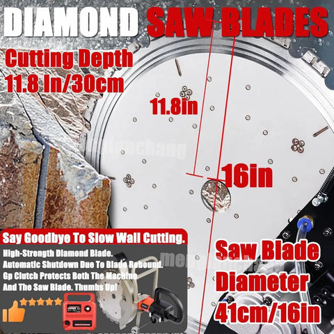 Heavy Duty 5000W Brushless Wet Cut Ring Saw With Integrated Water Pump And Twin Diamond Blades 16in saw blade size for deep cutting.
