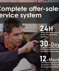 Technician inspecting a product with text highlighting complete after-sales service system, including 24-hour, 30-day, and 12-month support.