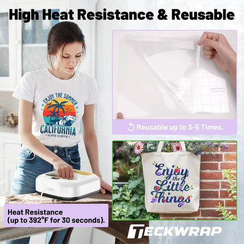 Woman using heat press with Clear Transfer Tape For Vinyl With Alignment Grid, 12 Inch By 10 Ft, for DIY projects on shirt and bag.