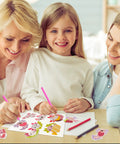 Family crafting with Diamond Painting Kit Value Pack With 12 Sticker Pattern Designs, using colorful sticky pen and axolotl stickers.