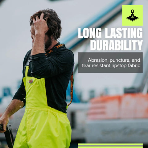 Man wearing Hi Vis Ripstop Waterproof Bib Pants For Men, Reflective Safety Overalls, Rain Gear, 300D PU Coated Lined Construction