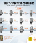 Hydraulic Pressure Test Kit With Five Gauges Thirteen Test Couplings Fourteen Tee Connectors Five Test Hoses And Tough Carrying Case For Excavators And Construction Machinery Pro Grade Multi Range 0 To 600 Bar And 0 To 10000 Psi showing various test couplings for Caterpillar, Komatsu, Hitachi