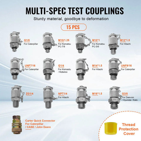 Hydraulic Pressure Test Kit With Five Gauges Thirteen Test Couplings Fourteen Tee Connectors Five Test Hoses And Tough Carrying Case For Excavators And Construction Machinery Pro Grade Multi Range 0 To 600 Bar And 0 To 10000 Psi showing various test couplings for Caterpillar, Komatsu, Hitachi