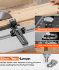Thin Rip Jig For Table Saw With Dual Bearing Safety Rollers For Repetitive Narrow Strip Cuts Fits Three Eighths By Three Quarters Inch T Slot And One Quarter By Three Eighths Inch T Slot Works With Table Saw Band Saw And Router Table Delivers Smooth Feeds, shown with adjustable knob and scale pointer, installed on table saw.