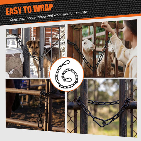 Tough As Nails Stainless Steel Gate Chain Locks 6 Pack Adjustable Link Chains With Both Ended Carabiners Solid Livestock Fence And Pet Cage No Fuss Yard Setup Black shown securing livestock and dog on farm.
