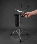 Pro Level Adjustable Snare Drum Stand With Heavy Duty Double Braced Tripod Base For 10 To 14 Inch Pads, hand adjusting height.