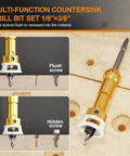 Heavy Duty 1/8X3/8 Countersink Drill Bit Kit With Phillips Driver And Snug Depth Stop Collar Includes A Knuckle Busting L Wrench for flush and hidden screw applications.