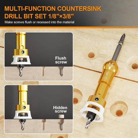 Heavy Duty 1/8X3/8 Countersink Drill Bit Kit With Phillips Driver And Snug Depth Stop Collar Includes A Knuckle Busting L Wrench for flush and hidden screw applications.