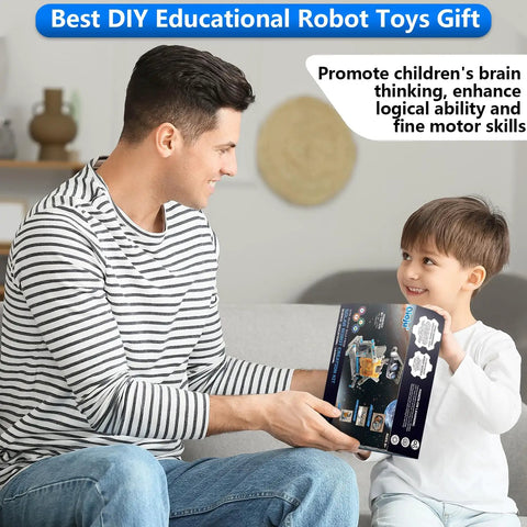 13-In-1 Solar Robot Kit For Kids Aged 8 To 12, STEM Building Toys For Boys And Girls, Land And Water Bots, Hands-On Robotics Projects, Fun Awesome Educational Science Kit For Christmas And Birthday Gifts; father and child holding box