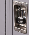 Black Covered Aluminum Lock with Key for Gym Lockers and Outdoor Use installed on a metal locker, showing secure, weather-resistant design.