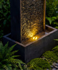 35 Inch Outdoor Water Fountain With Modern Curved Faux Slate Resin Waterfall And 2 Warm LED Lights For Garden Patio Yard Deck Porch Balcony Decor Home Art Water Feature In Black Keeps Your Outdoor Vibe On Point