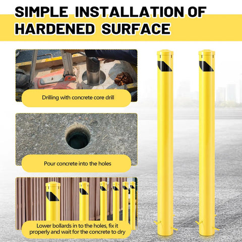 Installation steps for Tough As Nails 55 Inch Fully Galvanized Steel Safety Bollard Post in concrete.