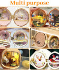 Mini dollhouse models inside walnut shells showcasing detailed rooms and decor for creative DIY craft projects.