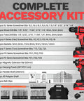Heavy Duty Workhorse Cordless Drill And Impact Driver Duo With 20V Brushless Motor, accessory kit with various drill and screwdriver bits.