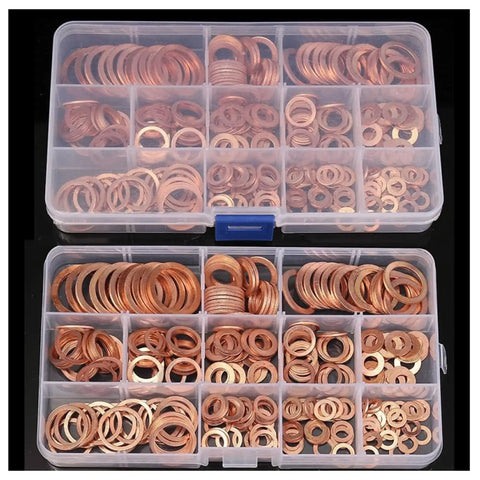 Copper Flat Washers Set For Screws, Rust Resistant Gasket Shims, Heavy Duty Kit With 100 120 200 280 300 Pieces For Auto DIY And Home Projects, Keeps Fasteners Stable And Spreads Pressure. Copper washers in compartmented storage box.