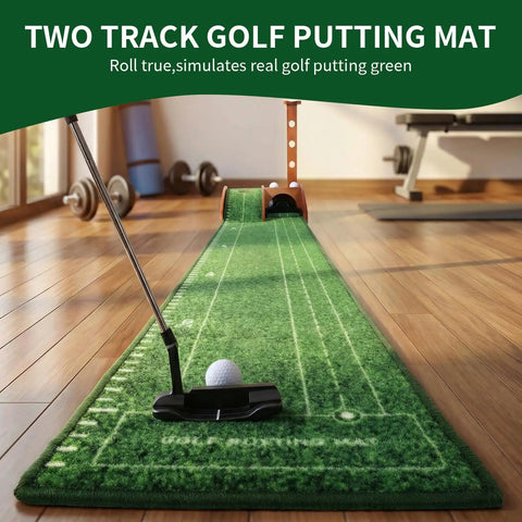 Portable Golf Putting Mat With Auto Ball Return For Indoor And Outdoor Practice 8Ft Length Realistic Green Speed in use