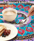Fitted Round Tablecloth Waterproof Vinyl Circle Cover Fits 36 to 44 Inch Tables Indoor Outdoor Dining, colorful design with food and drink