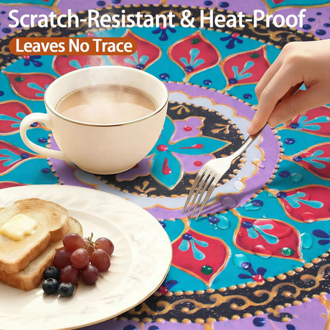 Fitted Round Tablecloth Waterproof Vinyl Circle Cover Fits 36 to 44 Inch Tables Indoor Outdoor Dining, colorful design with food and drink
