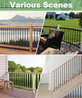 Various scenes showcasing Top Shelf 100 Pack 26 Inch Black Aluminum Deck Balusters in residential settings with diverse railing designs.