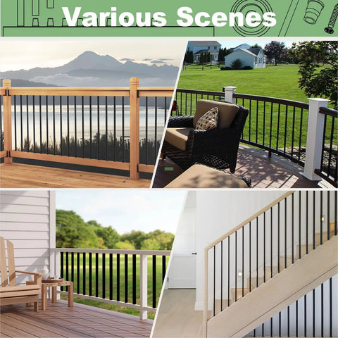 Various scenes showcasing Top Shelf 100 Pack 26 Inch Black Aluminum Deck Balusters in residential settings with diverse railing designs.