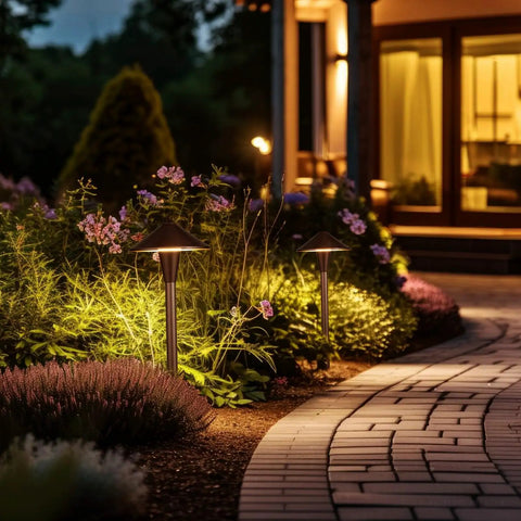 Low Voltage LED Landscape Path Lights 12 24V AC DC IP65 Outdoor Walkway Lights Oil Rubbed Bronze Flat Cone Head 6 Pack in garden