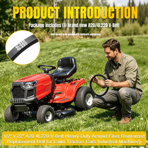 Man holding Half Inch By Twenty Two Inch A20 4L220 V Belt Heavy Duty Aramid Fiber Reinforced near lawn tractor on grass