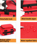 Well Organized Emergency First Aid Kit Bag with hook, zippers, rubber pads, and waterproof fabric detail