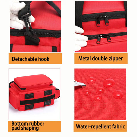 Well Organized Emergency First Aid Kit Bag with hook, zippers, rubber pads, and waterproof fabric detail